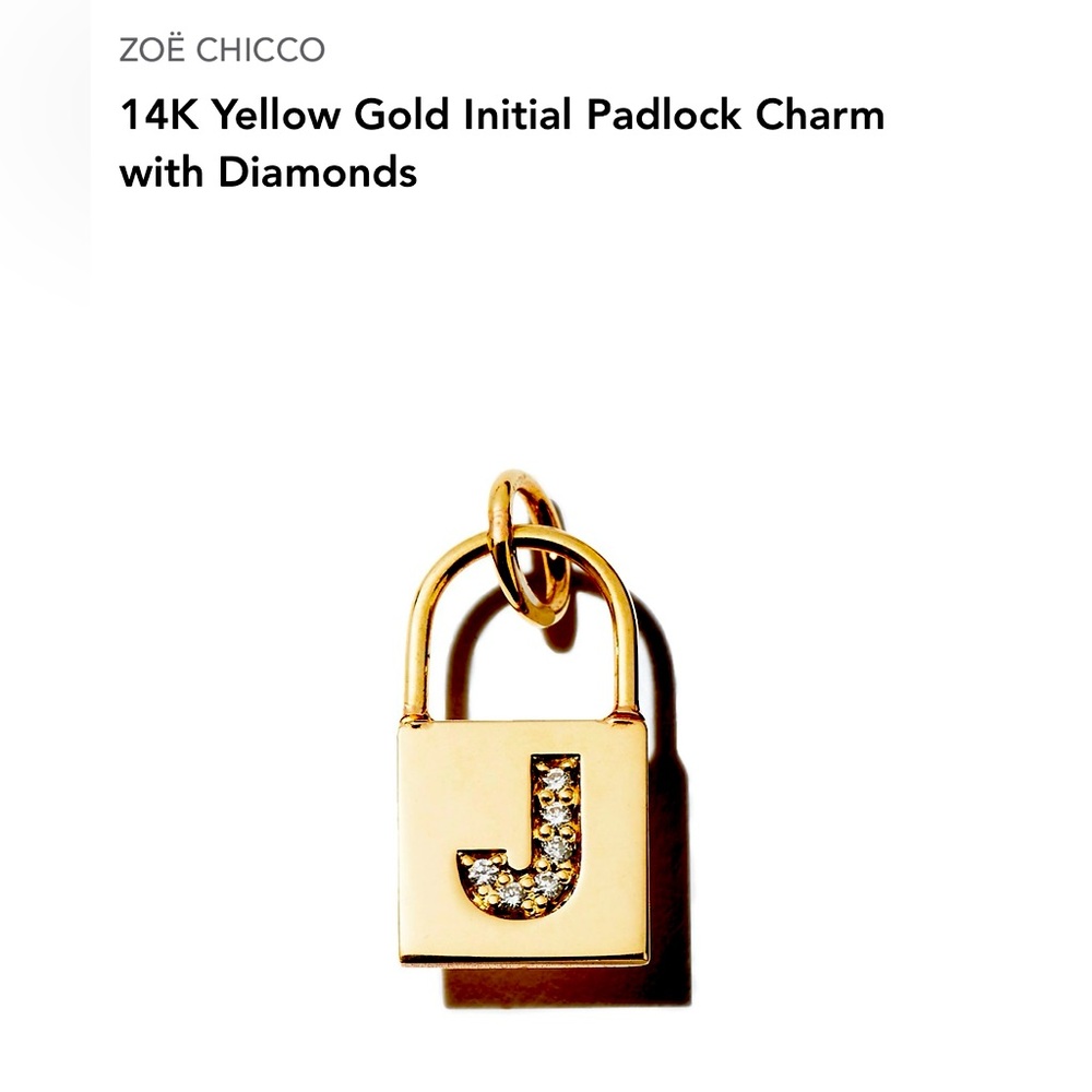 Zoë Chicco 14K Yellow Gold Initial Padlock Charm ‘J’ with Diamonds, EUC